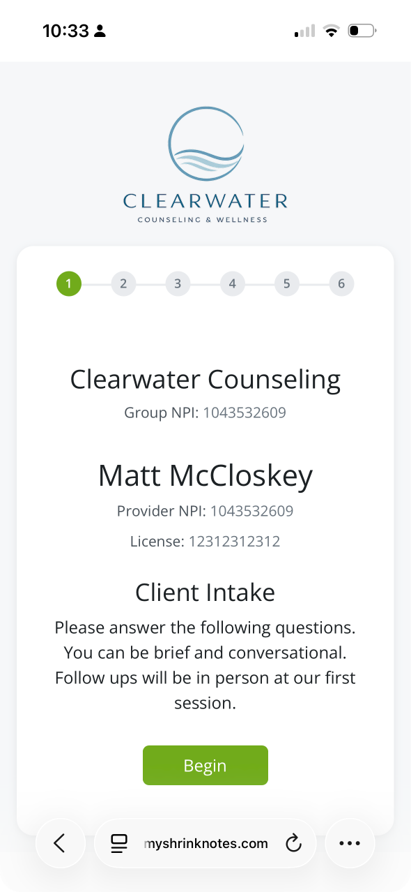 ShrinkNotes branded client intake form on mobile